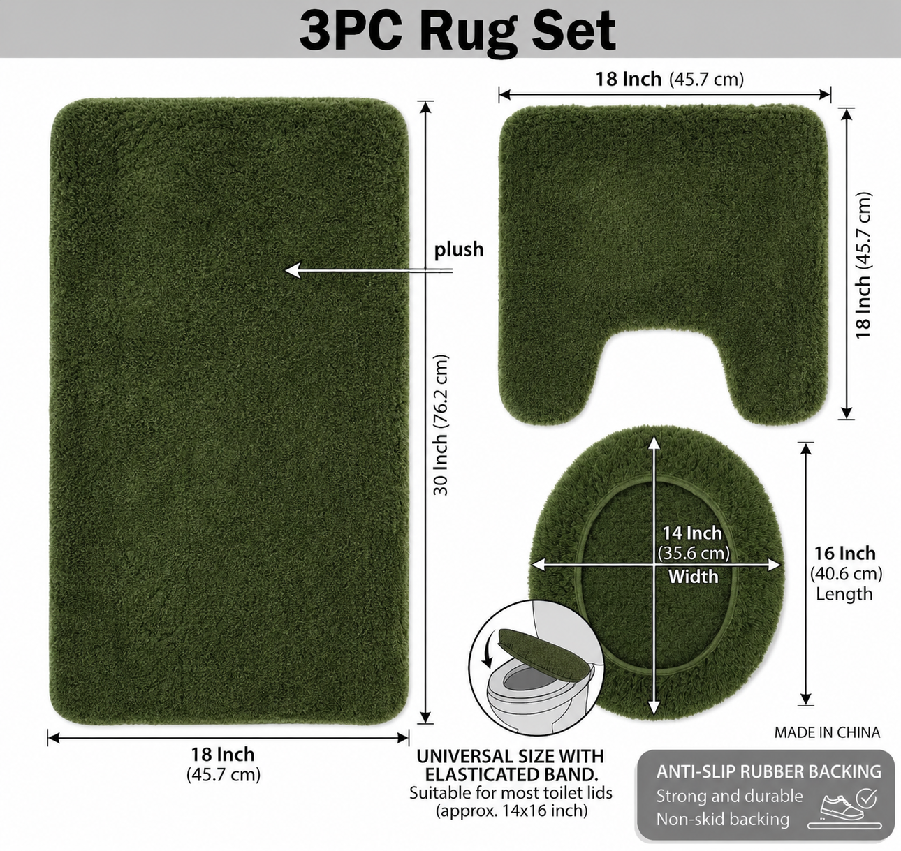 3-Piece Bathroom Rug Set, Soft Microfiber Bath Mat, Contour Rug & Toilet Lid Cover with Non-Slip Backing, Absorbent & Plush