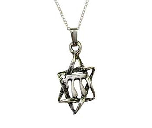 Silver Star of David with Chai in Middle Necklace - Chain 18 inch Pendant 1/2 inch W X 1 1/4 inch H