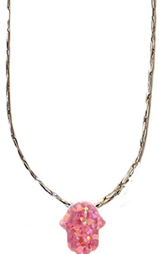 Opal Pink Hamsa Amulet With Silver  Necklace - Chain 16 inch Pendant 5/16 inch W X 3/8 inch H
