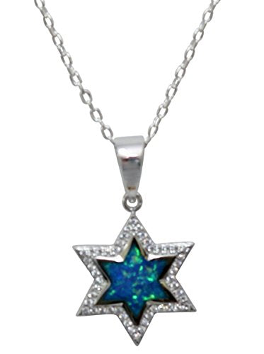 Silver Star of David Amulet with Opal and Micro CZ Stones - Chain 18 inch Pendant 5/8 inch W x 1 1/8 inch H