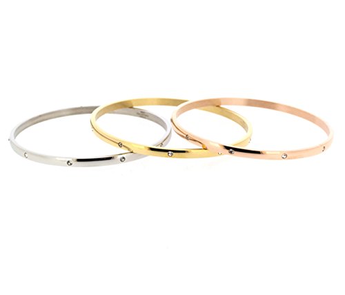 Ben and Jonah Stainless Steel Tri-Tone Fancy Set of 3 Bangles with Clear Stones 70mm