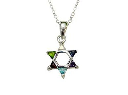 Silver Star of David with Multi Color Stones Necklace - Chain 18 inch Pendant 1/2 inch W X 1 inch H