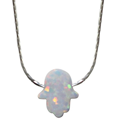Opal White Hamsa Amulet with Silver Necklace - Chain 16 inch Pendant 5/16 inch W X 3/8 inch H