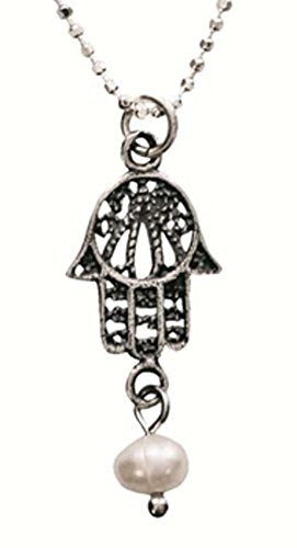 Vintage Silver Hamsa Amulet Necklace With Pearl - Chain 16 inch Pendant 7/16 inch W X 15/16 inch H
