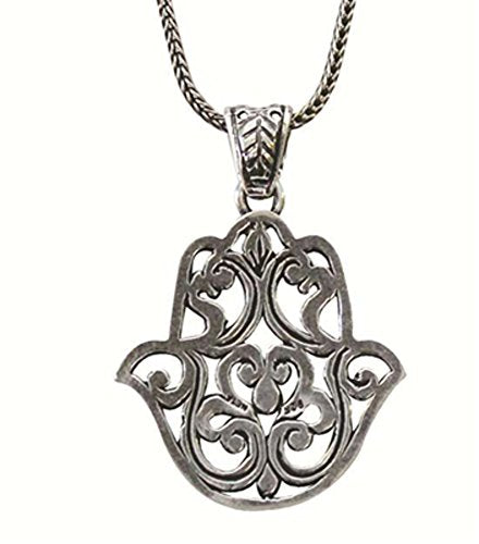 Silver Floral Hamsa Amulet Necklace - Chain 21 inch Pendant 1 inch x 1 inch
