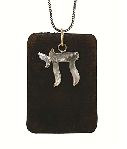 Silver Chai On A Leather Pendant - Chain 21 inch Leather 1 1/4 inch W X 2 inch H Pendant 6/8 inch X 6/8 inch