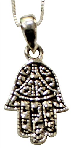Ornate Designed Silver Hamsa Amulet Necklace - Chain 18 inch Pendant 5/8 inch H 1/2 inch W