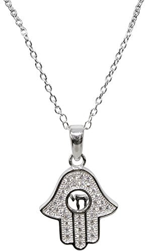 Silver Hamsa Necklace With Stones - Chain 18 inch Pendant 1/2 inch H X 1/2 inch W