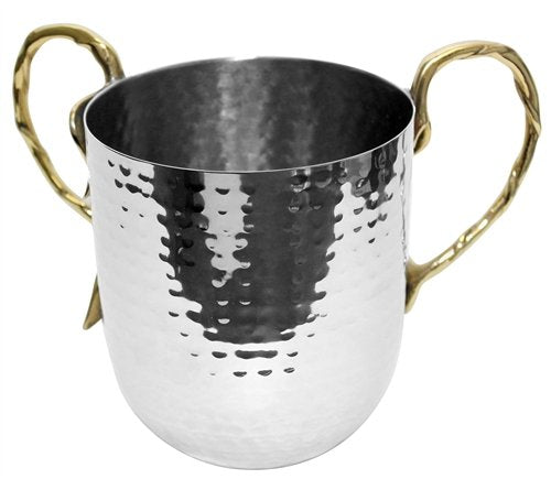 Ultimate Judaica Holister Washing Cup Hammered Stainless Steel With Gold Handles - 5 inch X 4.5 inch