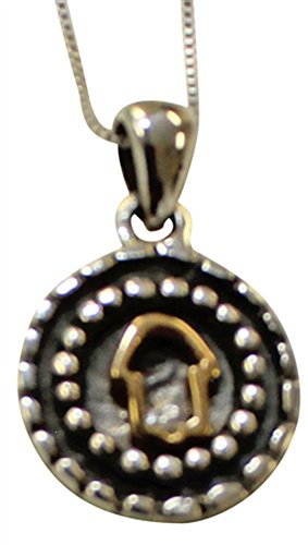 Silver Circle Necklace with Interior Gold Plated Hamsa Amulet - Chain 18 inch Pendant 1/2 inch D