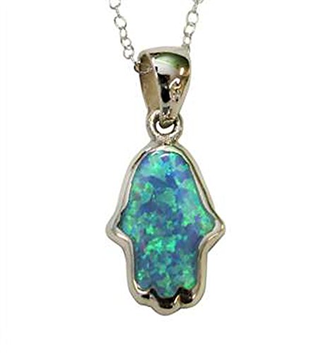Stylish Silver Opal Hamsa Amulet Necklace - Chain 18 inch Pendant 3/8 inch W 1 inch H