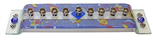Lamp Lighters Ultimate Judaica Menorah Glass Bridge Design - Blue Dreidel - 14 inch W X 3 inch D X 1 inch H