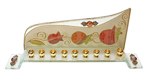 Lamp Lighters Ultimate Judaica Menorah Glass Wave Design - Colorful Pomegranate - 14 inch W X 2.5 inch D X 6 inch H