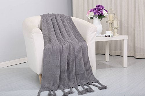 Tejido Collection Classic Woven Knitted Throw Blanket with Fringes (50 inch x 60 inch ) - Grey