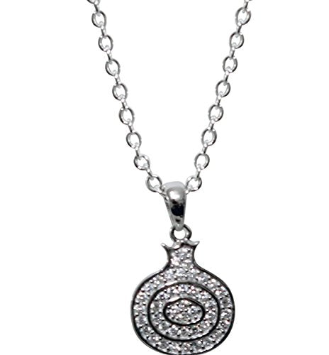 Silver Pomegranate Amulet with White Micro Stones Chain - 18 inch Pendant - 5/8 inch W x 1/2 inch