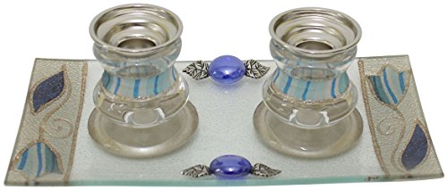 Ultimate Judaica Candle Stick With Tray Small Applique - Ocean - Candle Stick 2.5 inch H Â Tray 8 inch W x 4 inch H