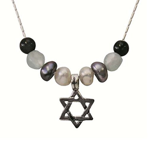 Silver Star Of David Necklace With Pearl Ocean And Garnet - Chain 16 inch Pendant 5/16 inch X 5/16 inch H