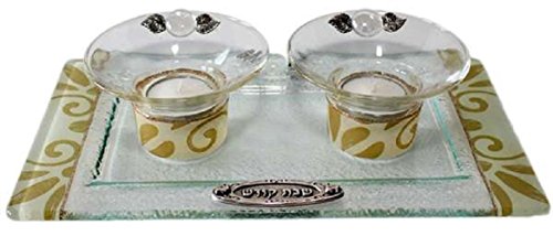 Ultimate Judaica Candle Stick With Tea Light Applique - Pearl/Gold - Tray 11 inch W X 6 inch L Candlesticks 2 inch H