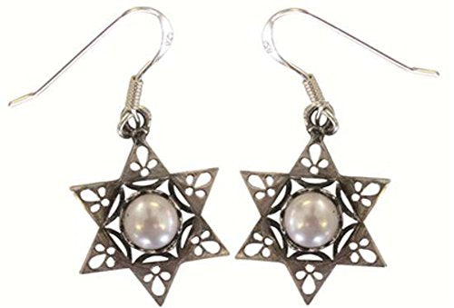 Silver Star Of David Earrings With Pearl - Star 6/8 inch X 6/8 inch