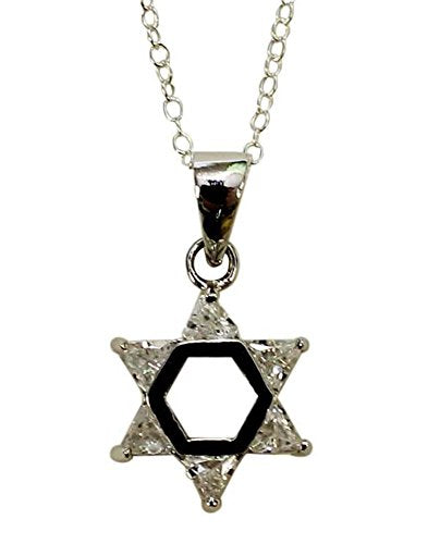 Silver Star of David with White Color Stones Necklace - Chain 18 inch Pendant 1/2 inch W X 1 inch H