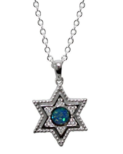 Ultimate Silver Star of David Amultet with Opal and Micro CZ Stones - Chain 18 inch Pendant 3/4 inch