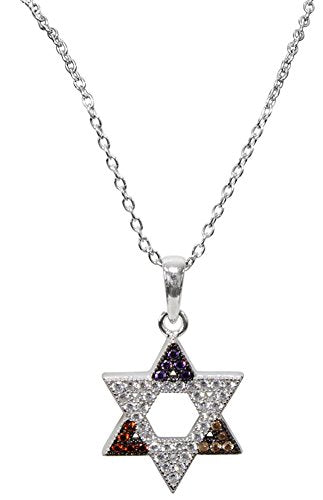 Silver Star Of David Necklace With Multi Color Stones - Chain 18 inch Pendant 1/2 inch H X 1/2 inch W