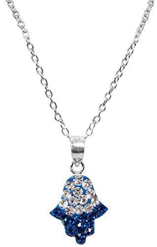 Silver Hamsa Necklace With Blue/Silver Stones - Chain 18 inch Pendant 1/2 inch H X 1/2 inch W
