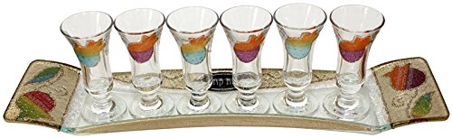 Cheers Collection Liquor Set with 6 Glasses And Tray Pomegranate - Rainbow - Tray 15 inch X 3.5 inch - Cup 3.75 inch H