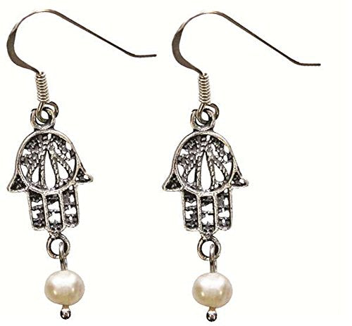 Vintage Silver Hamsa Amulet Earrings With Pearl - 7/16 inch W X 15/16 inch H