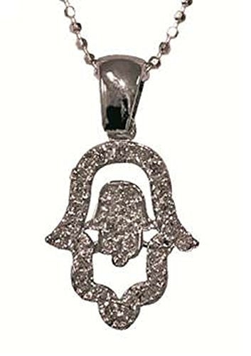 Silver Hamsa within a Hansa Amulet Necklace Encrusted with CZ - Chain 16 inch Pendant 7/16 inch W X 5/8 inch H