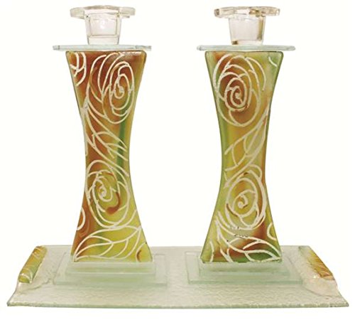 5th Avenue Collection Candlesticks With Tray Clear Design - Roses - Tray 11 inch W x 4.5 inch L Candlesticks 3 inch W x 9 inch H