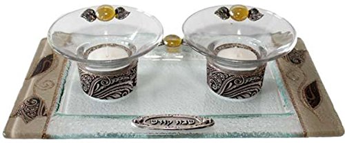 Ultimate Judaica Candle Stick With Tea Light Applique - Brown - Tray 11 inch W X 6 inch L Candlesticks 2 inch H