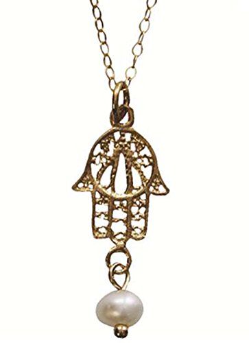 Vintage Gold Plated Silver Hamsa Amulet NecklaceB4:B26 With Pearl - Chain 16 inch Pendant 7/16 inch W X 15/16 inch H