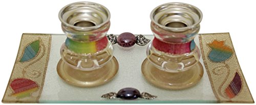 Ultimate Judaica Candle Stick With Tray Small Applique - Rainbow - Candle Stick 2.5 inch H Â Tray 8 inch W x 4 inch H
