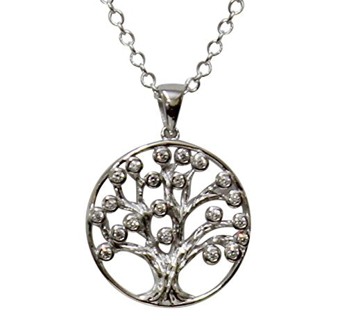 Silver Tree of Life Amulet with CZ Stones Chain 18 inch Pendant 7/8W x 1 1/8 inch H