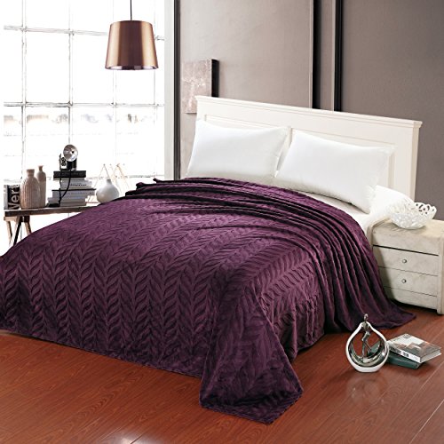 Ben&Jonah Designer Plush Queen (86 inch x 86 inch ) Leaf Etched Jacquard Blanket - Purple