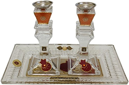 Ultimate Judaica Candle Stick With Tray Medium Applique - Red Pomegranate - Crystal - Tray 11 inch x 6.5 inch Candle Stick 6 inch H