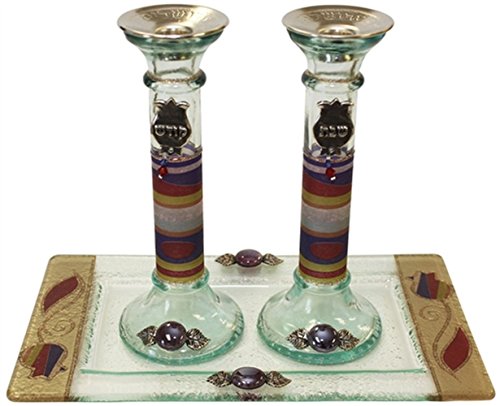 Ultimate Judaica Candle Stick With Tray Large Applique - Purple Pomegranate - Tray 10 inch W X 5 inch L -  Candle Sticks  - 7.5 inch H