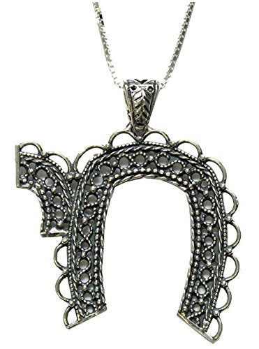 Silver Necklace With Large Chai Pendant - Chain 19 inch Pendant 2 inch W X 1 1/2 H