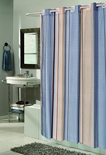 Royal Bath Easy On (No Hooks Needed) Fabric Shower Curtain (70 inch x 72 inch ) with Built in Hooks - Blue Stripes