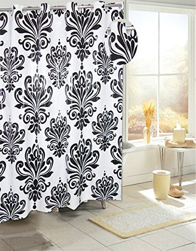 Royal Bath Easy On (No Hooks Needed) PEVA Non-Toxic Shower Curtain Liner (70 inch x 72 inch ) with Built in Hooks - Beacon Hill Black/White