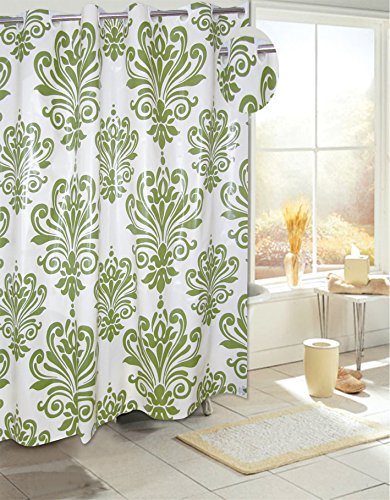 Royal Bath Easy On (No Hooks Needed) PEVA Non-Toxic Shower Curtain Liner (70 inch x 72 inch ) with Built in Hooks - Beacon Hill Sage/Ivory
