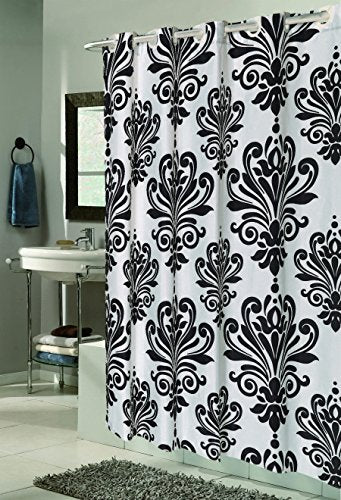 Royal Bath Easy On (No Hooks Needed) Fabric Shower Curtain (70 inch x 72 inch ) with Built in Hooks - Beacon Hill Black & White