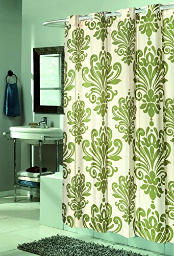 Royal Bath Easy On (No Hooks Needed) Fabric Shower Curtain (70 inch x 72 inch ) with Built in Hooks - Beacon Hill Sage & Ivory