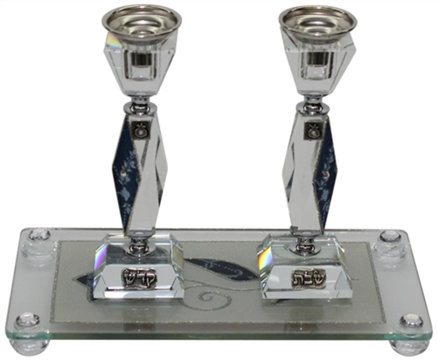 Ben and Jonah Sabbath/Shabbos Crystal Candlesticks with Tray - Blue Tulip Applique -Tray 10 " W X 5 " L - Candlesticks - 7 " H