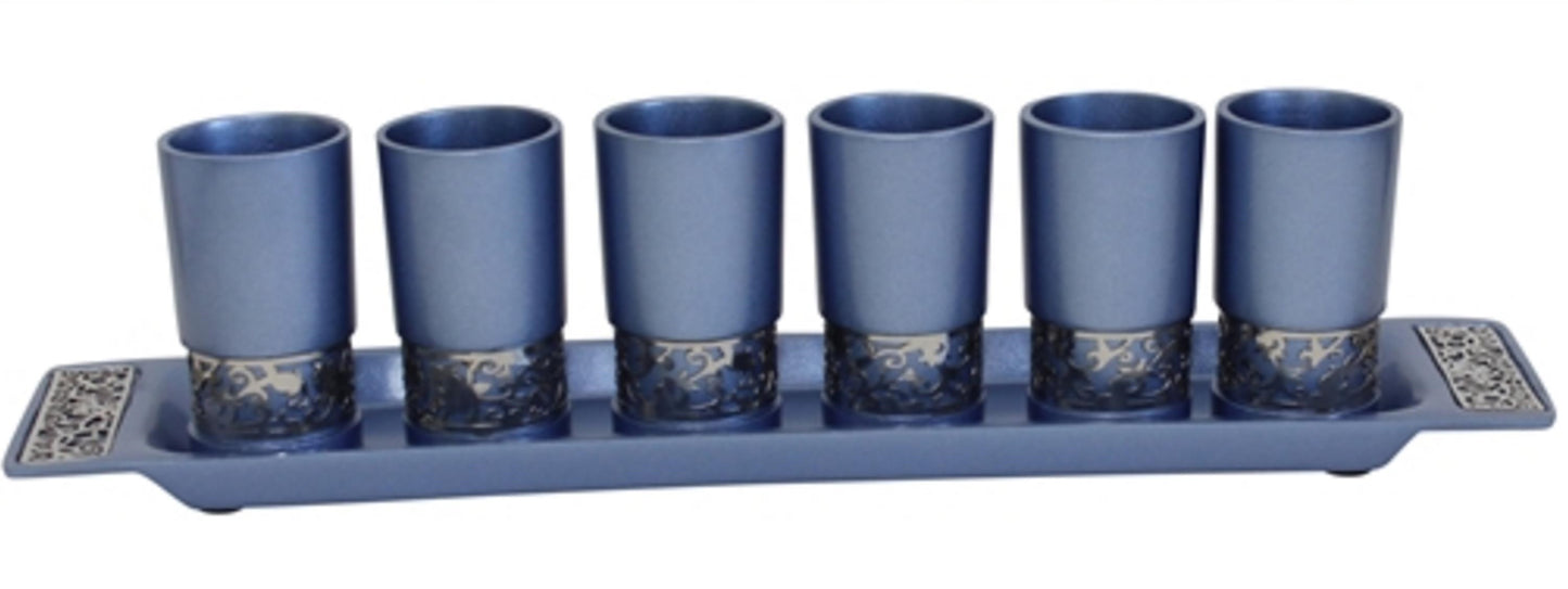 Ben and Jonah Liquor Shot Cups Set- 6 Cups with Tray- Blue with Silver Metal Decorative Cutouts