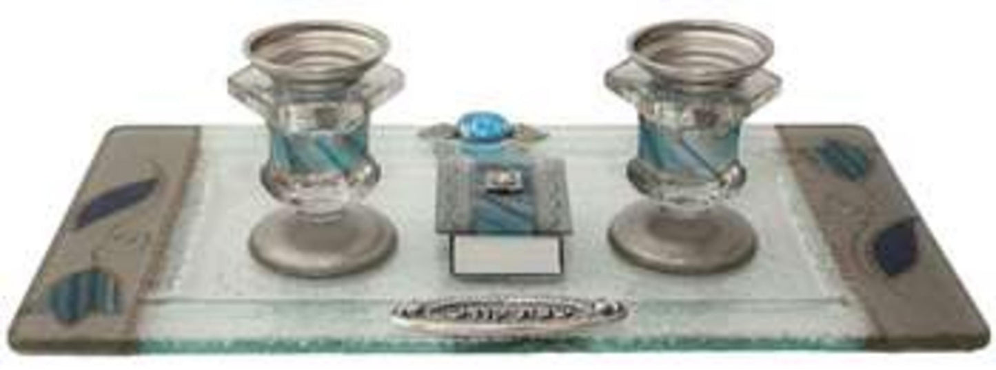 Ben and Jonah Glass Sabbath/Shabbos Candlesticks With Tray And Matchbox Small Applique - Ocean Blue With Tulip - Tray 10 3/4"W X 6"H Candlesticks - 2.5"H Matchbox 2"W X 1.5" H