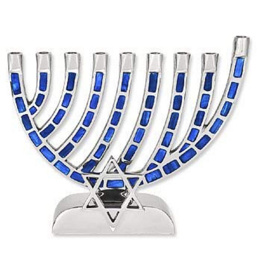 Ben&Jonah Blue Jeweled Mosaic Aluminum Menorah with Star of David-Magen David-9" L x 6 1/4" H
