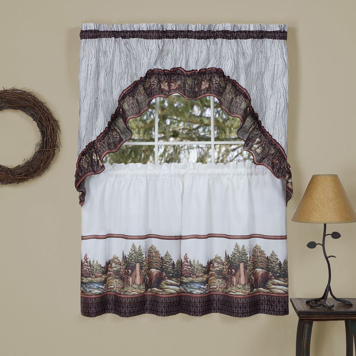 Traditional Elegance Woodlands - Printed Tier & Swag Window Curtain Set 57x36 - Brown
