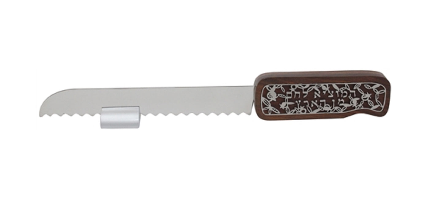 Ben and Jonah Silver Challah Bread Knife with Stand- Wood Cutout-13"L